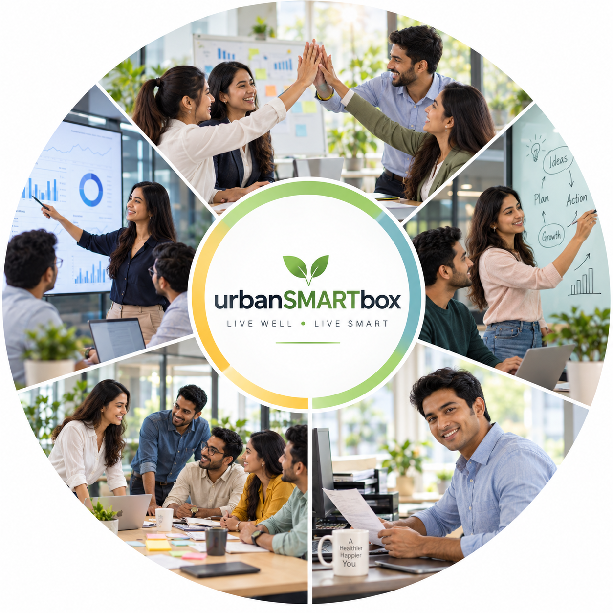Five people representing focused, organized, creative, confident and productive wellness lifestyles
